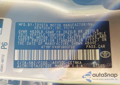 2015 Toyota Camry Le from USA, damaged, VIN 4T1BF1FK8FU893702